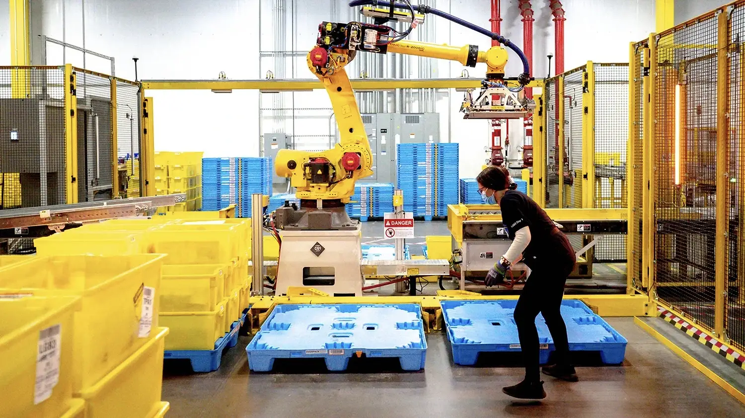 A human works alongside mesh walls, yellow bins, blue pallots, and a large robotic arm.